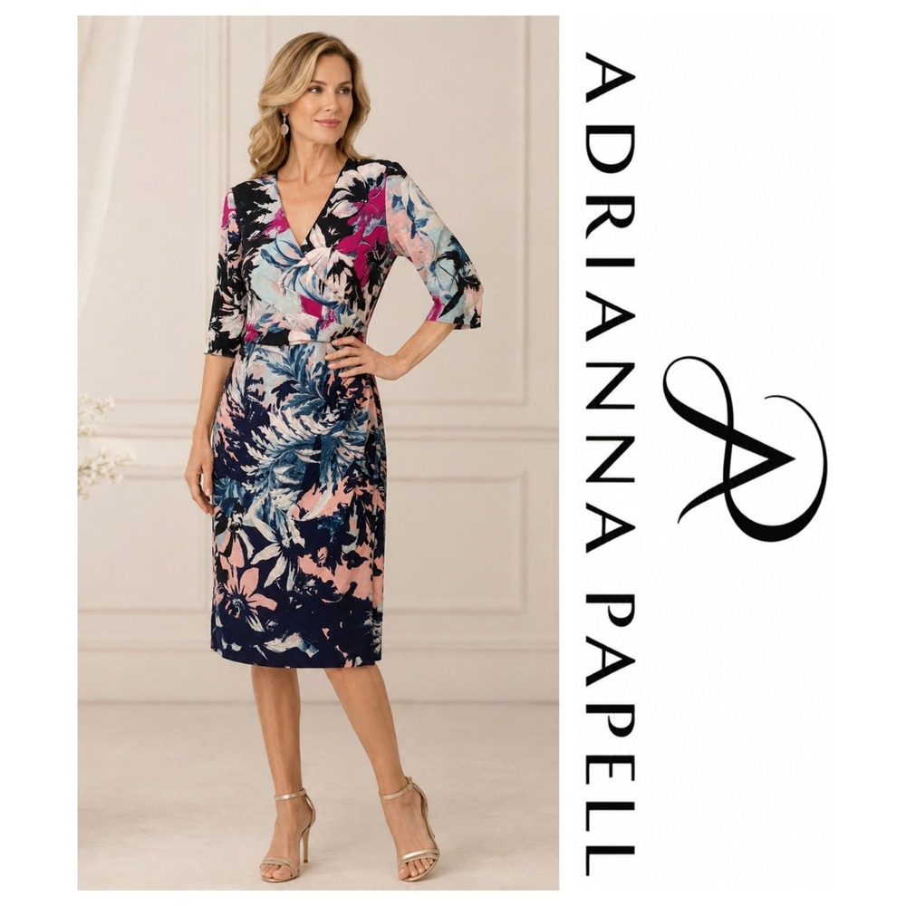 Adrianna Papell Navy Blue Floral Print Ruched V-Neck Sheath Dress Size 6